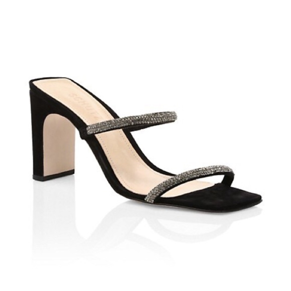 SCHUTZ Black Suede Crystal-Strap Block Heel Mules